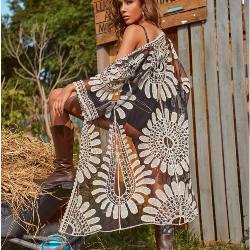 Western Boho Coastal Cowgirl Embroidered Scallop Lace Edge Mesh Tie Kimono - Picture 2 of 16